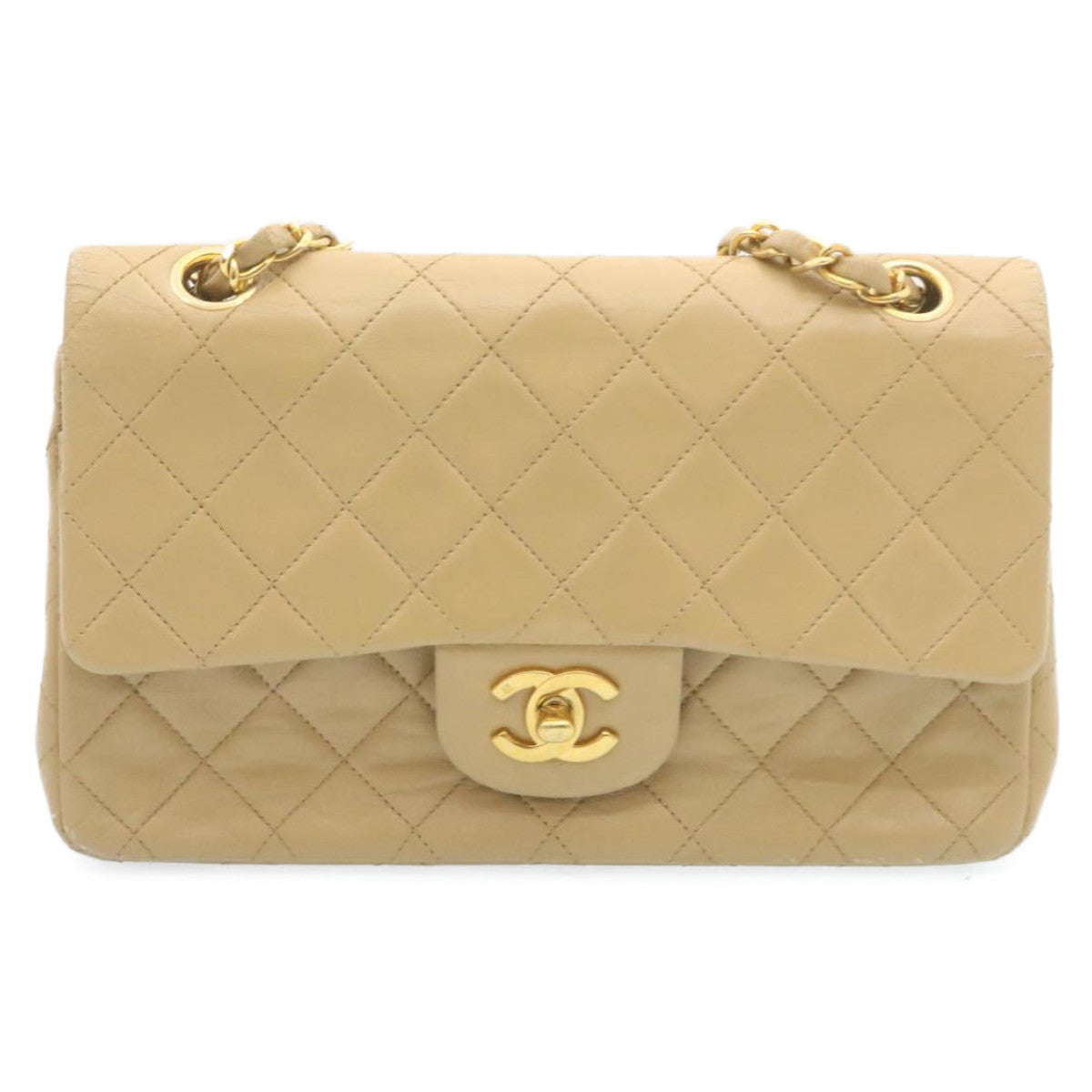 CHANEL Classic Matelasse23 Chain Flap Shoulder Bag Lamb Skin Beige Auth 28468