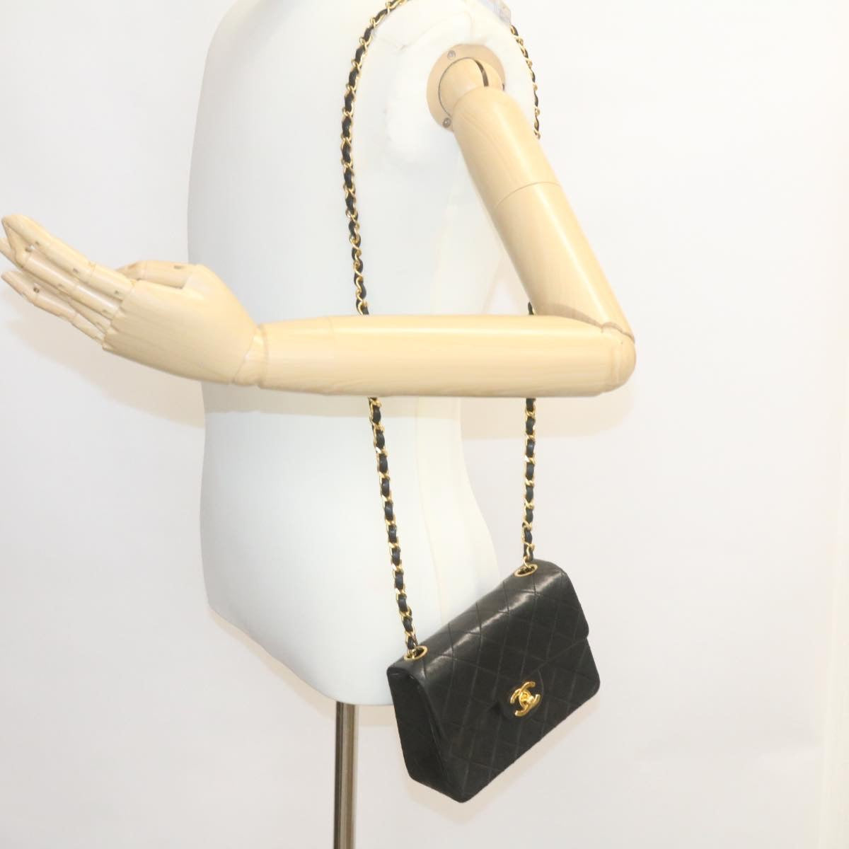 CHANEL Mini Matelasse Chain Flap Shoulder Bag Lamb Skin Black Gold Auth 28471A