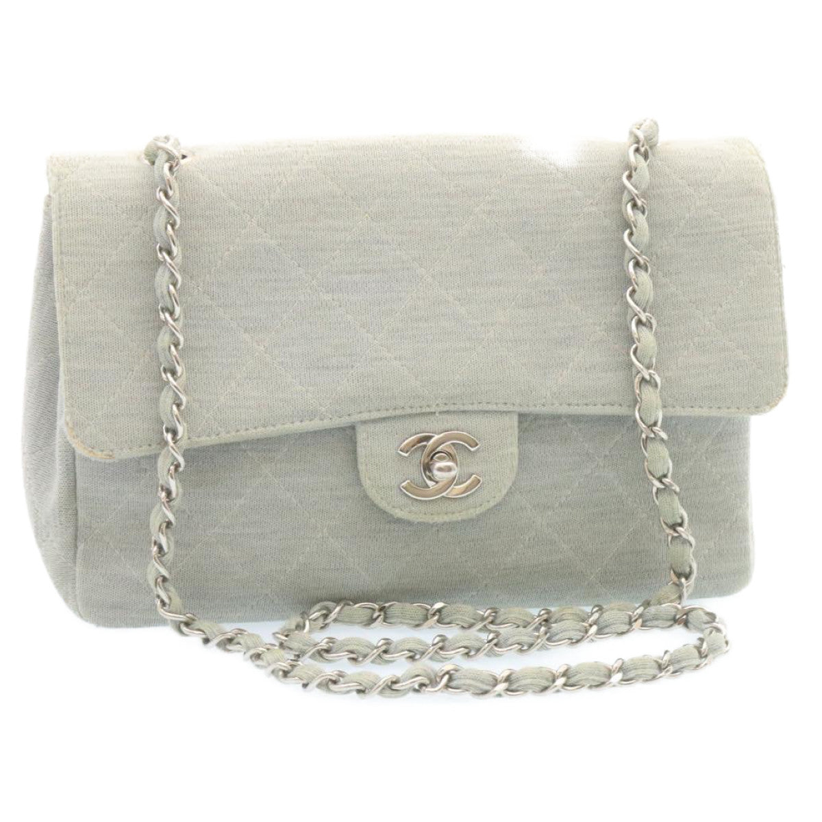 CHANEL Matelasse Chain Shoulder Bag Cotton Light Blue CC Auth 28620