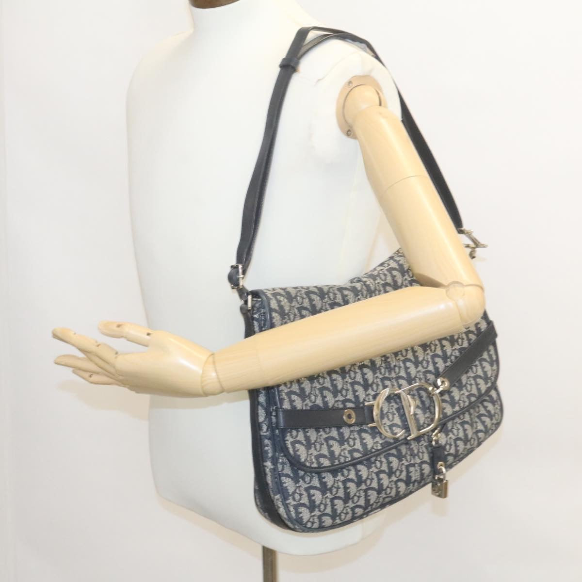 Christian Dior Trotter Canvas Shoulder Bag Navy Blue Auth 28802