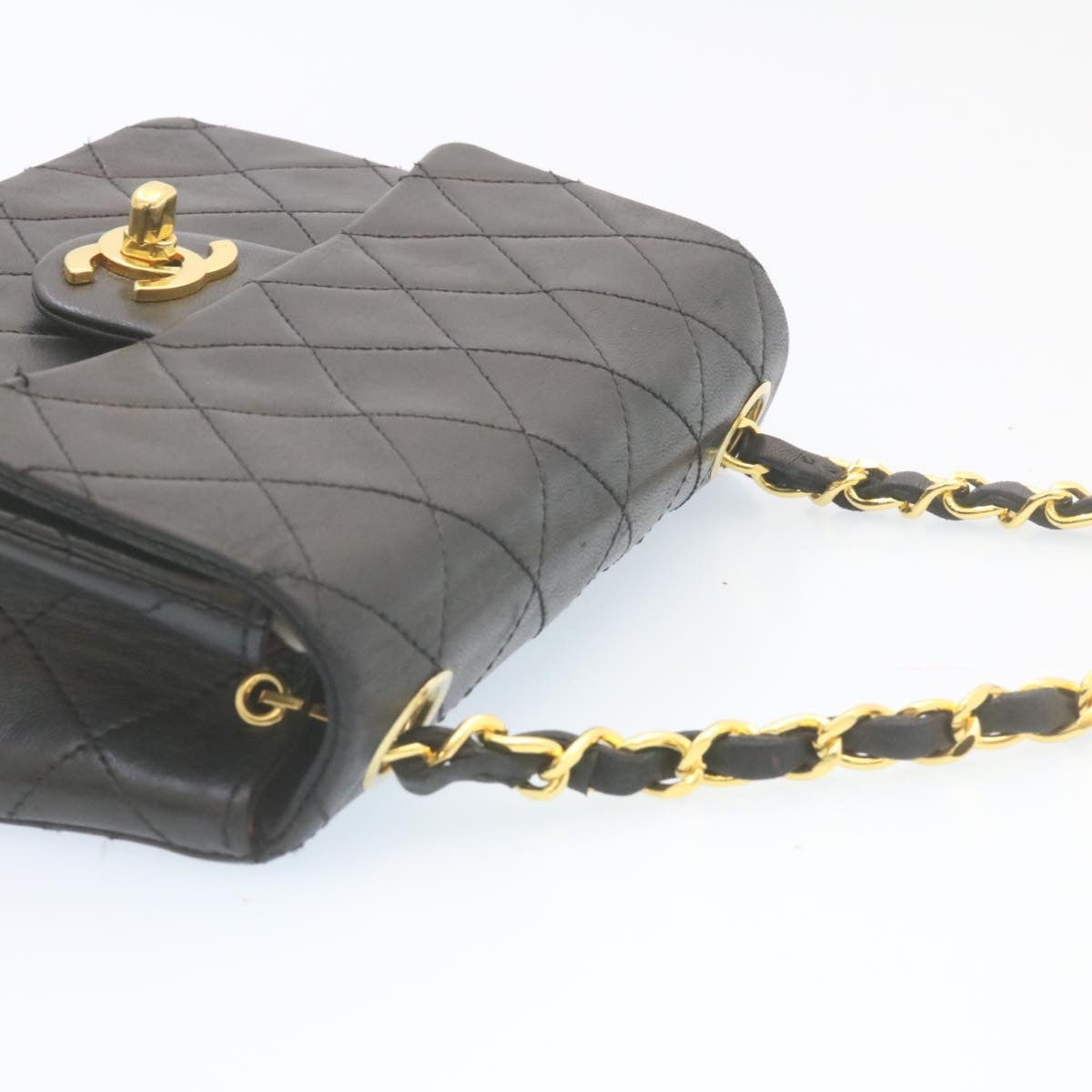 CHANEL Mini Matelasse Chain Flap Shoulder Bag Lamb Skin Black Gold Auth 28878A