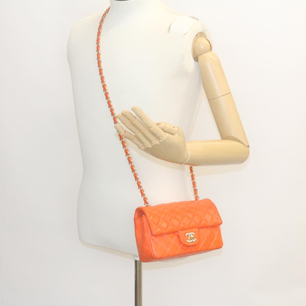 CHANEL Matelasse Mini Chain Flap Classic Shoulder Bag Lamb Skin Orange CC 29106A