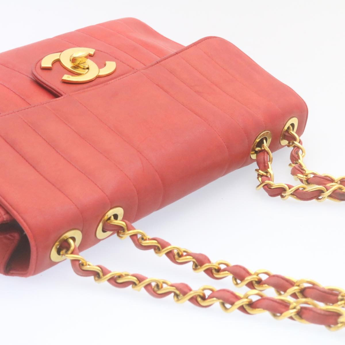 CHANEL Mademoiselle Big Coco Double Chain Shoulder Bag Lamb Skin Red Auth 29129A