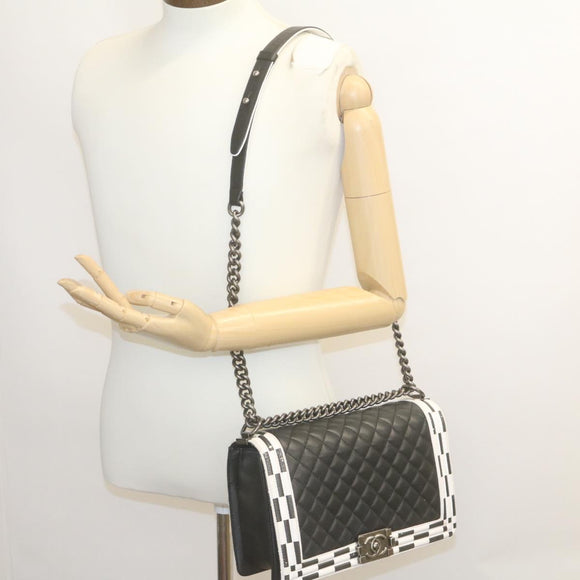 CHANEL Matelasse Boy Chanel Chain Shoulder Bag Lamb Skin Black CC Auth 29190A