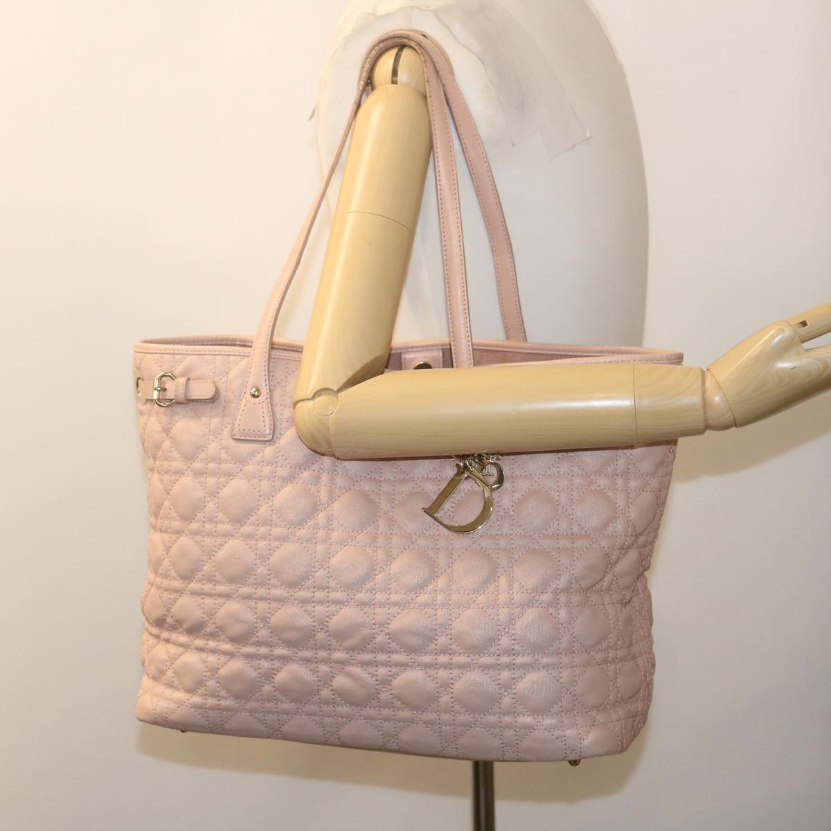 Christian Dior Lady Dior Tote Bag Coated Canvas Pink Auth 29351