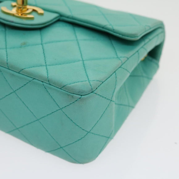 CHANEL Mini Matelasse Flap Chain Shoulder Bag Lamb Skin Light Blue Auth 29527A