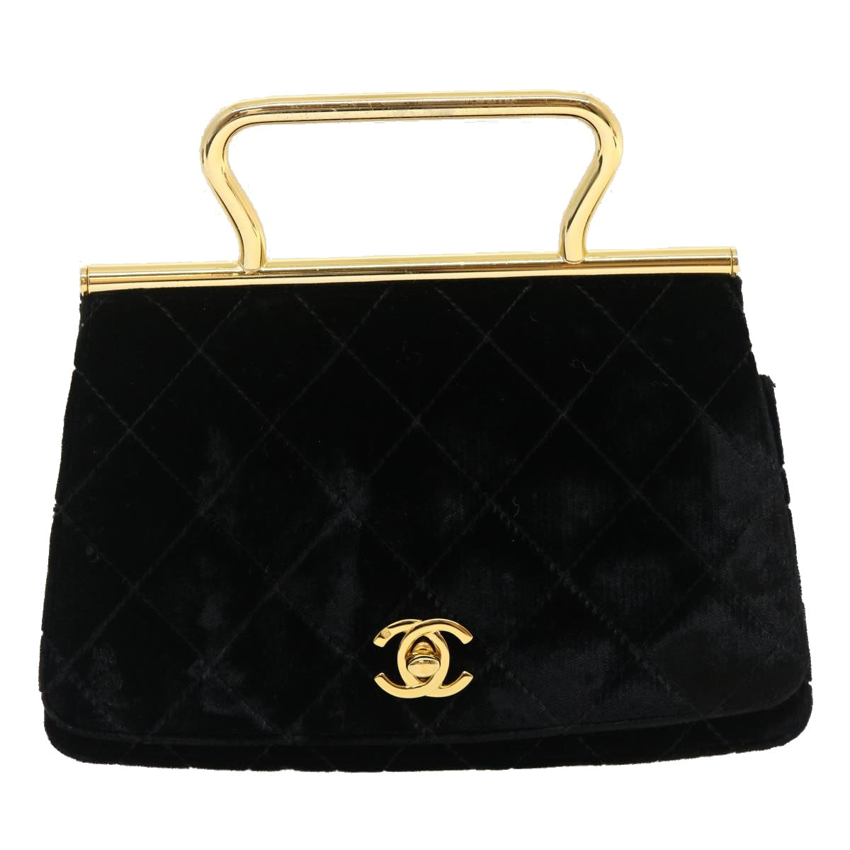 CHANEL Turn Lock Flap Matelasse Hand Bag velvet Black Gold CC Auth 29565A