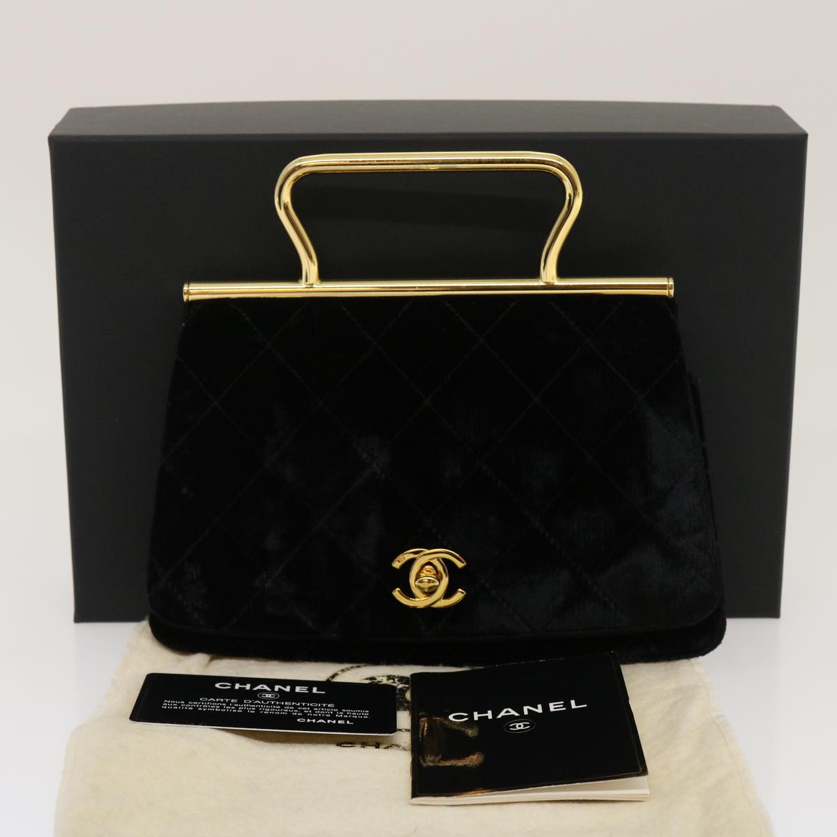 CHANEL Turn Lock Flap Matelasse Hand Bag velvet Black Gold CC Auth 29565A