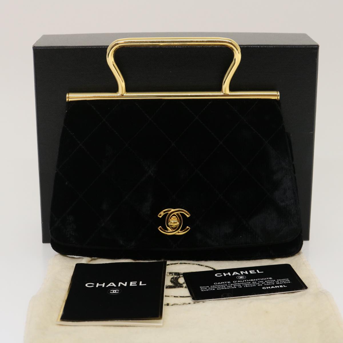 CHANEL Turn Lock Flap Matelasse Hand Bag velvet Black Gold CC Auth 29565A