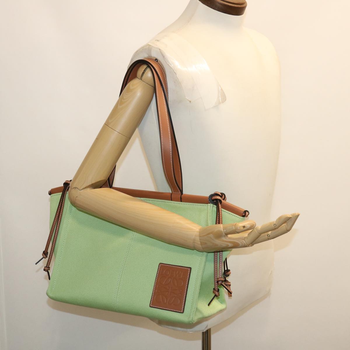 LOEWE Cushion Tote Tote Bag Canvas Leather Green Auth 29710A