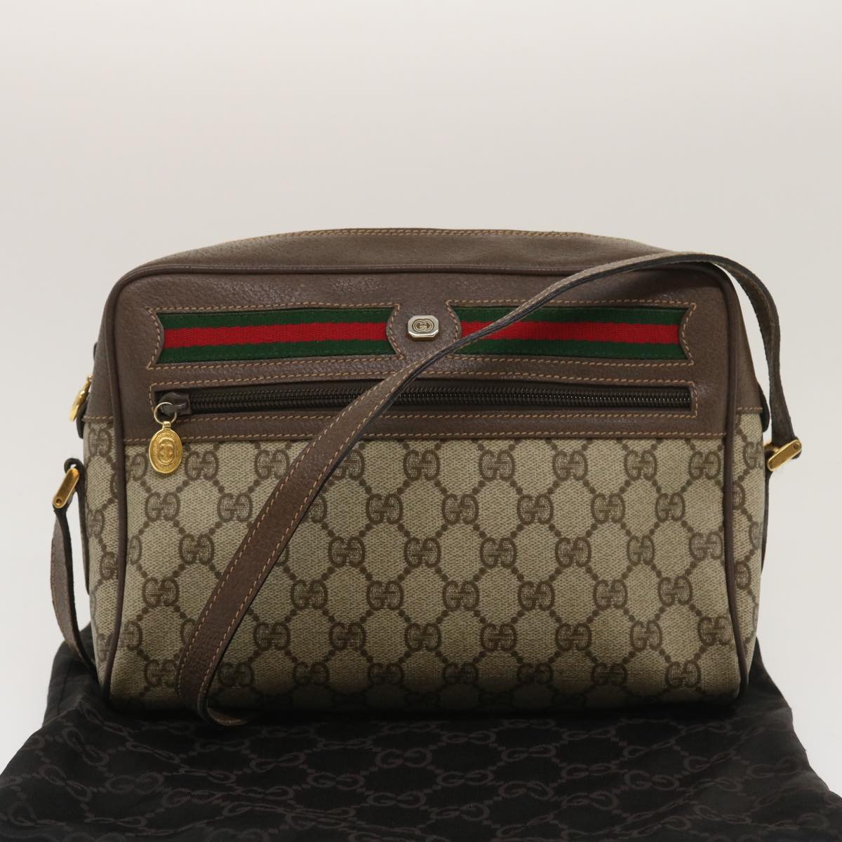 GUCCI Web Sherry Line GG Canvas Shoulder Bag Beige Red Green Auth 29796