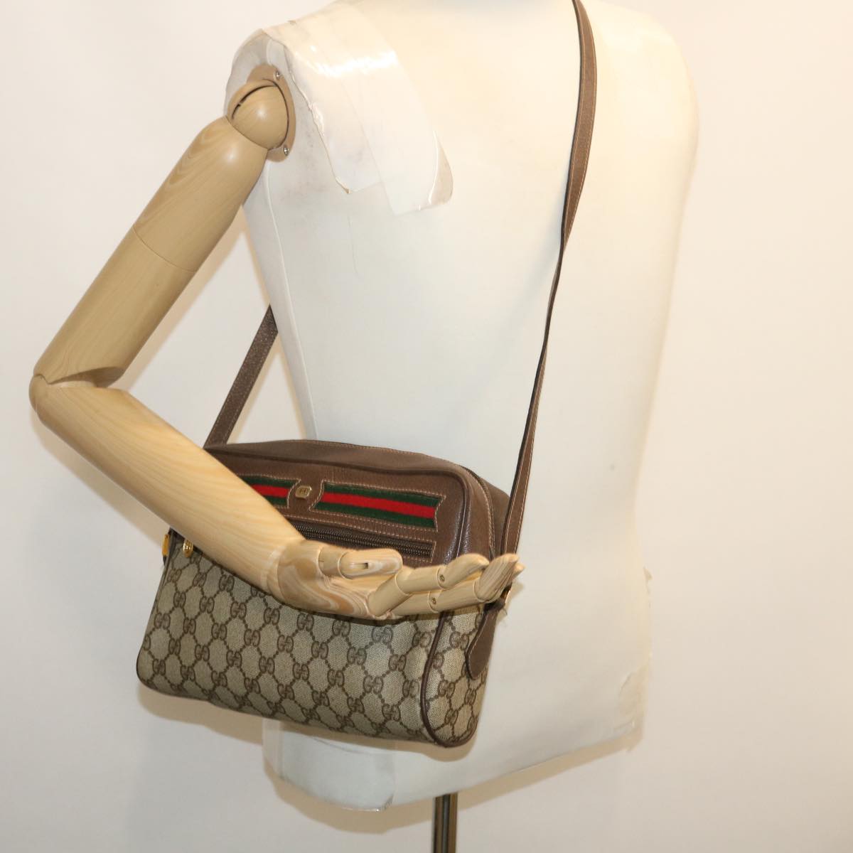 GUCCI Web Sherry Line GG Canvas Shoulder Bag Beige Red Green Auth 29796