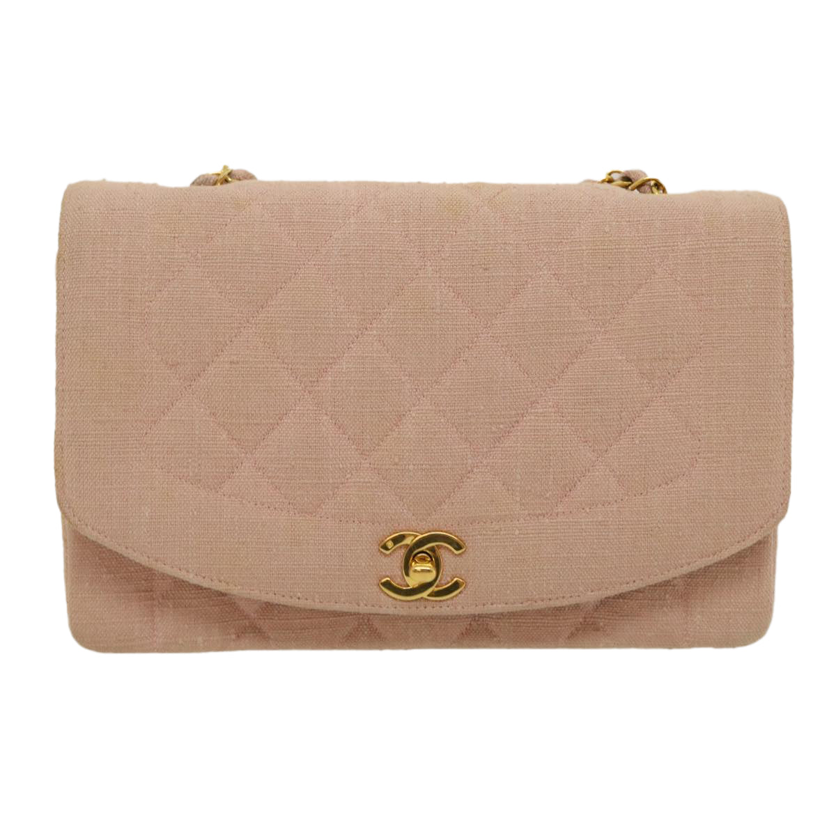 CHANEL Matelasse Turn Lock Chain Diana Shoulder Bag Canvas Pink CC Auth 29889A