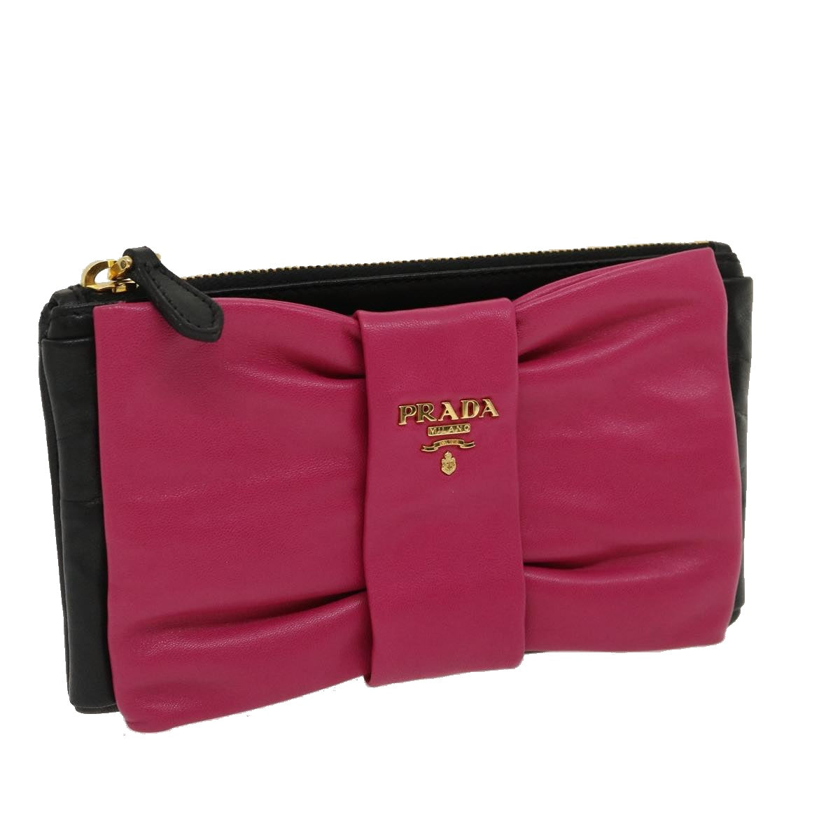 PRADA ribbon Pouch Leather Black Pink Auth 29901A