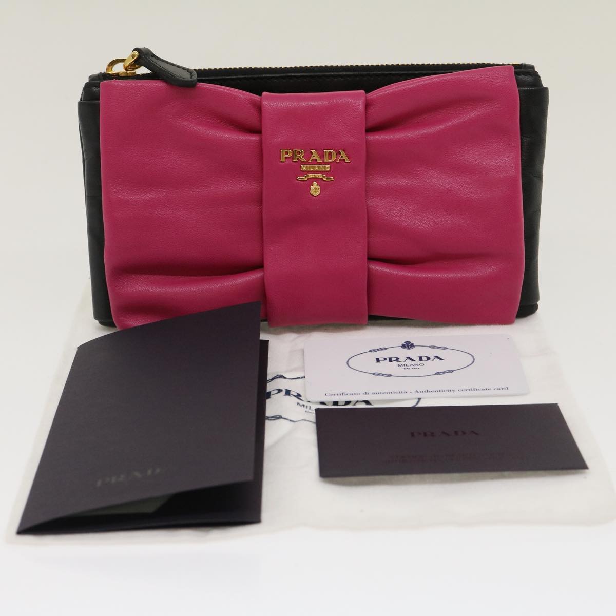 PRADA ribbon Pouch Leather Black Pink Auth 29901A