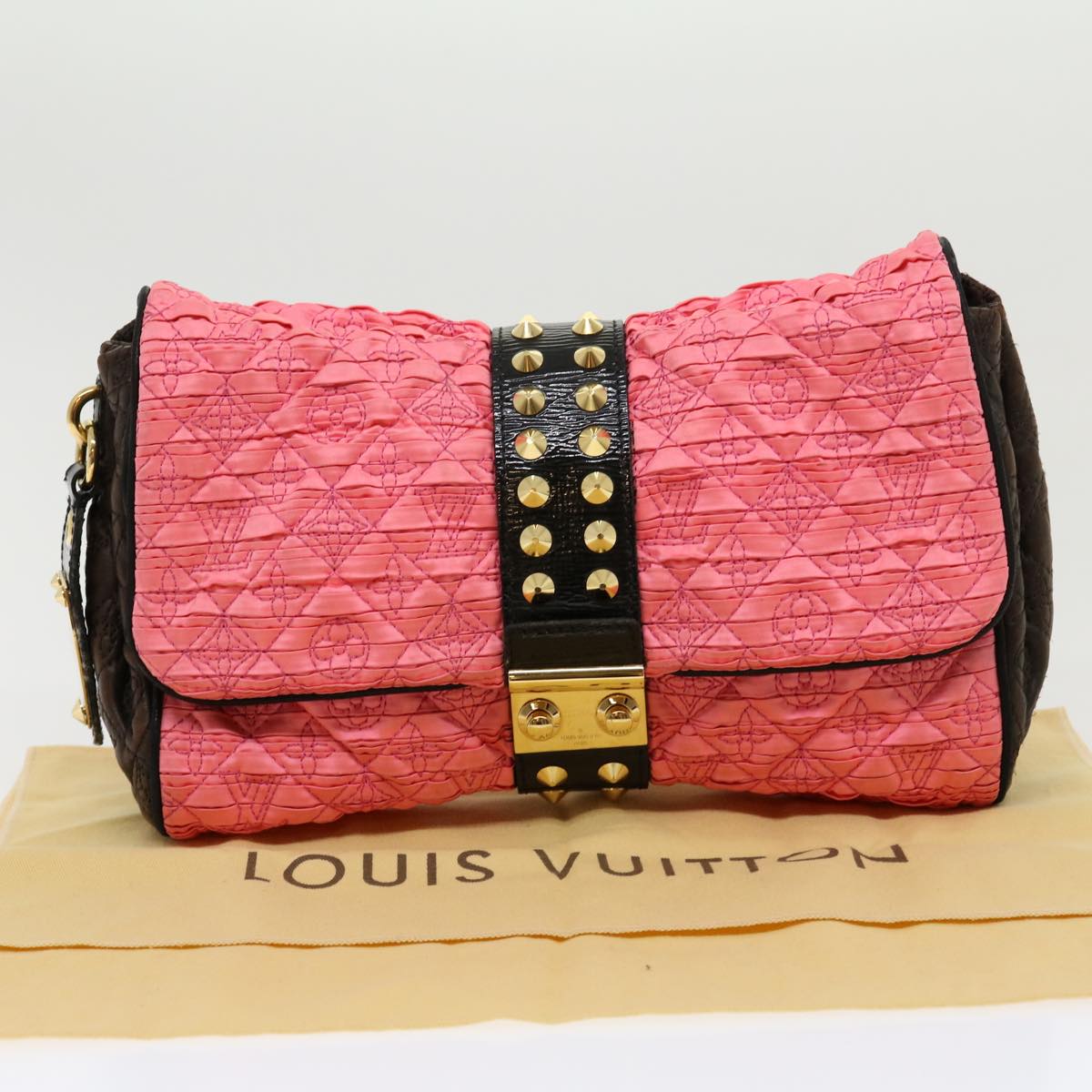 LOUIS VUITTON Monogram Bunny Clutch Bag Satin Leather Pink Black LV Auth 30276A