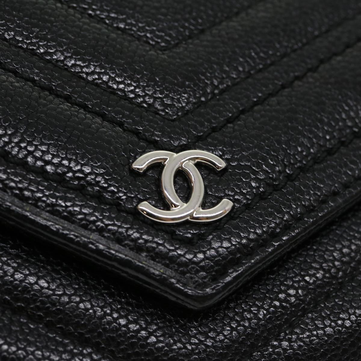 CHANEL V stitch Long Wallet Caviar Skin Black CC Auth 30285A