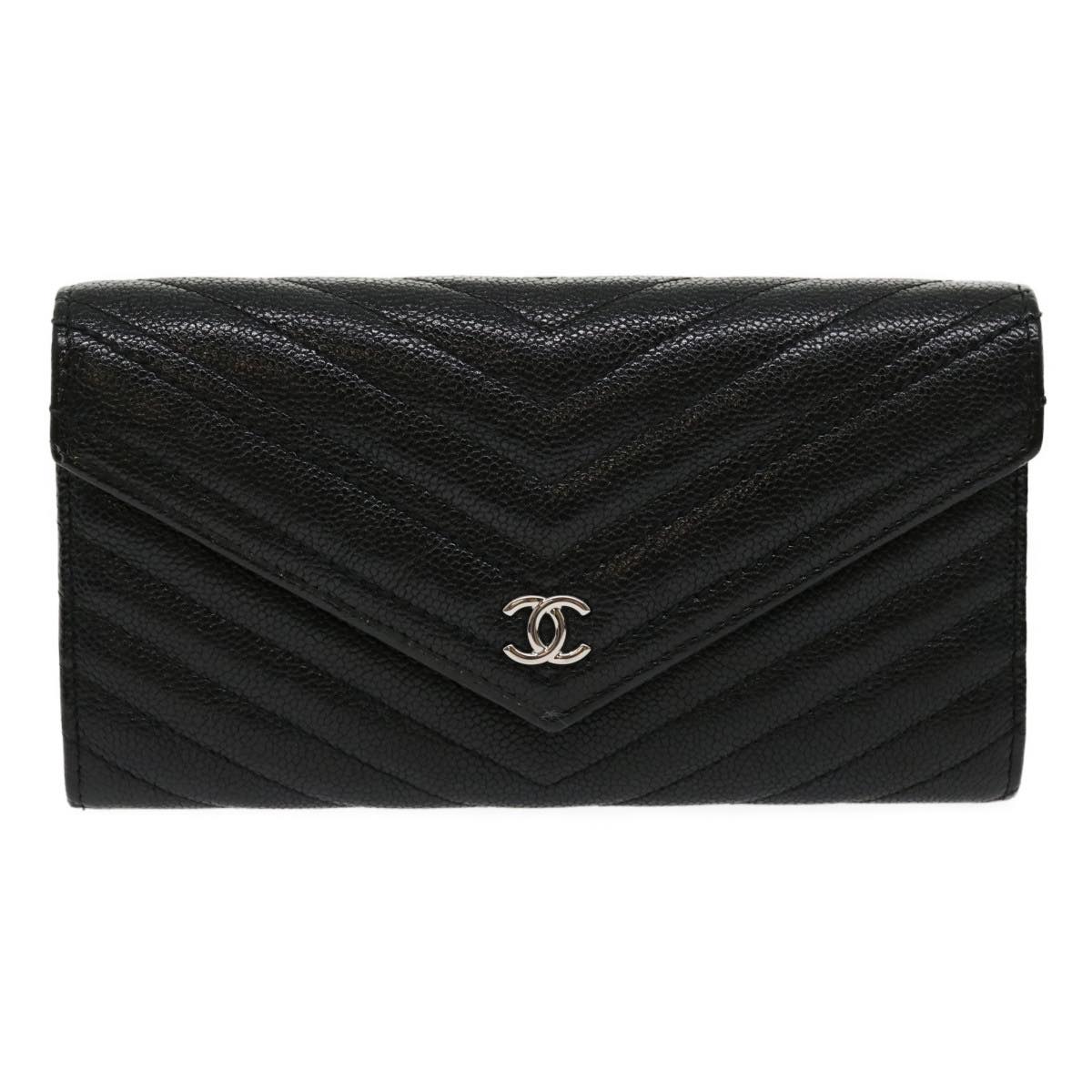 CHANEL V stitch Long Wallet Caviar Skin Black CC Auth 30285A