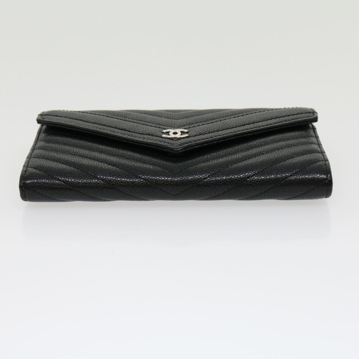 CHANEL V stitch Long Wallet Caviar Skin Black CC Auth 30285A