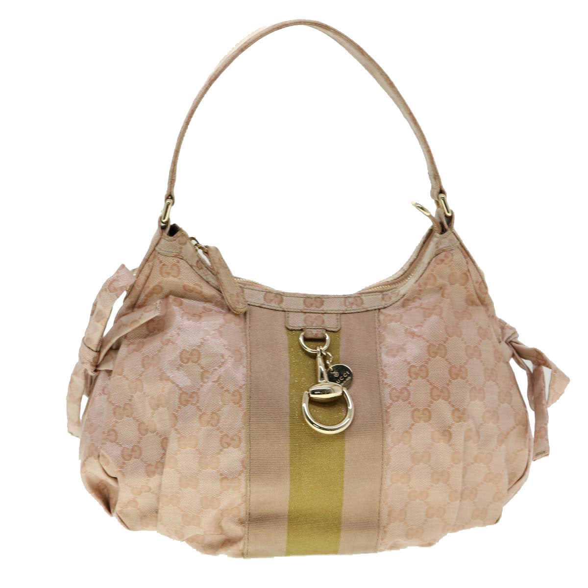 GUCCI GG Crystal Sherry Line Horse Bit Shoulder Bag Pink Gold Auth 30337