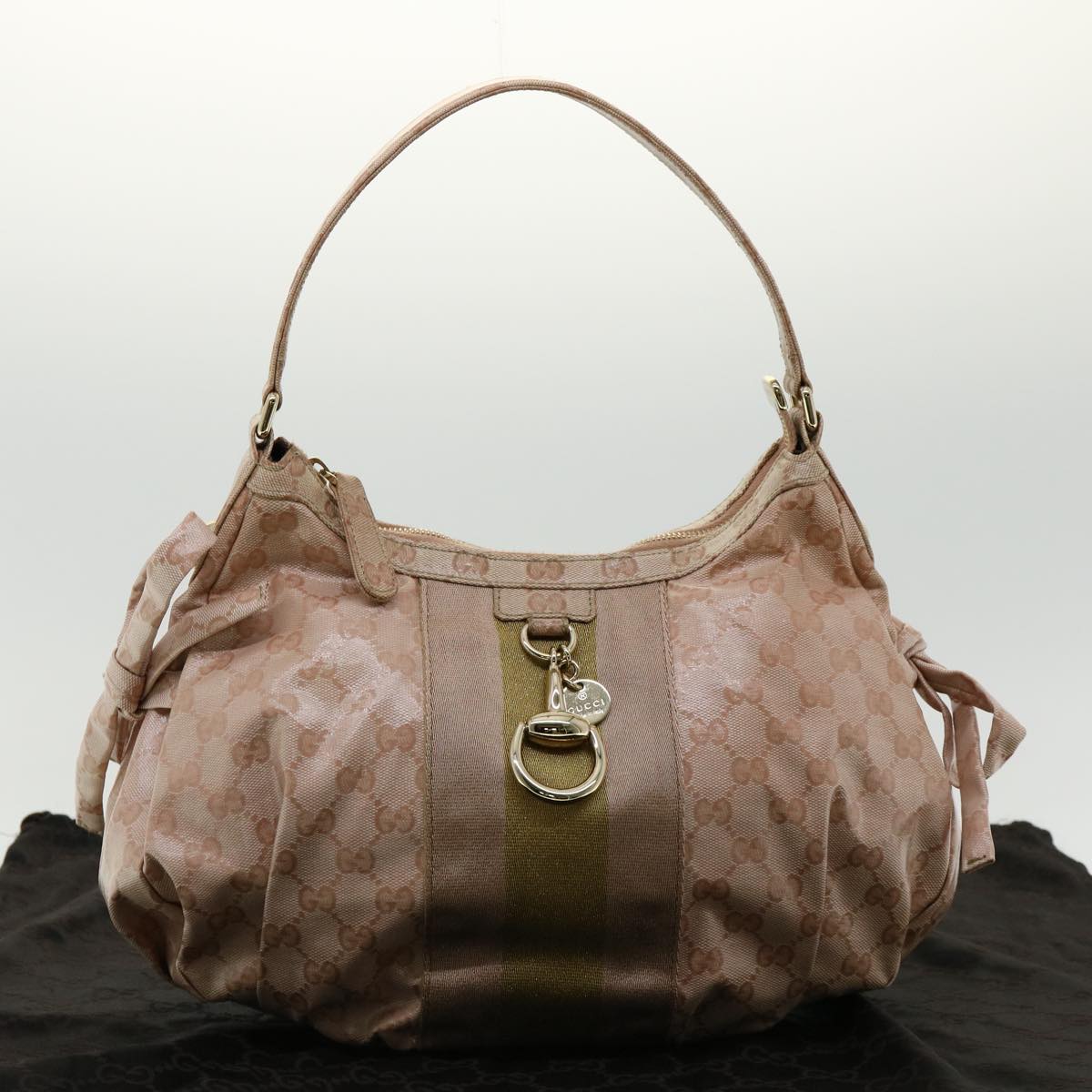 GUCCI GG Crystal Sherry Line Horse Bit Shoulder Bag Pink Gold Auth 30337