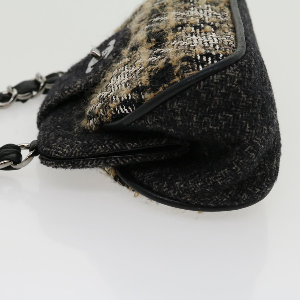 CHANEL Turn Lock Chain Shoulder Bag Wool Gray CC Auth 30734A