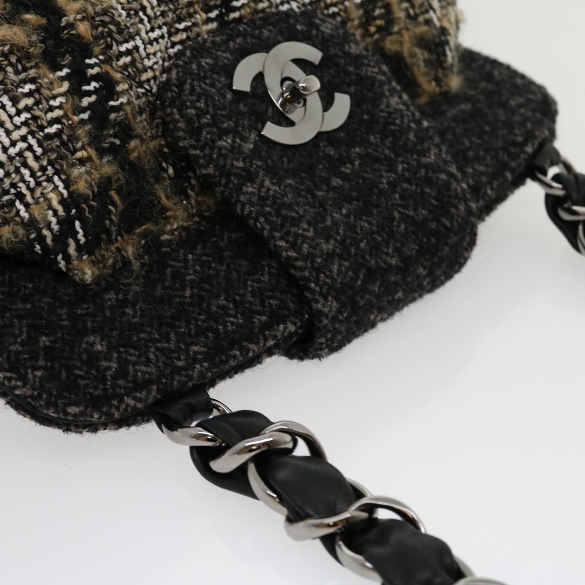 CHANEL Turn Lock Chain Shoulder Bag Wool Gray CC Auth 30734A