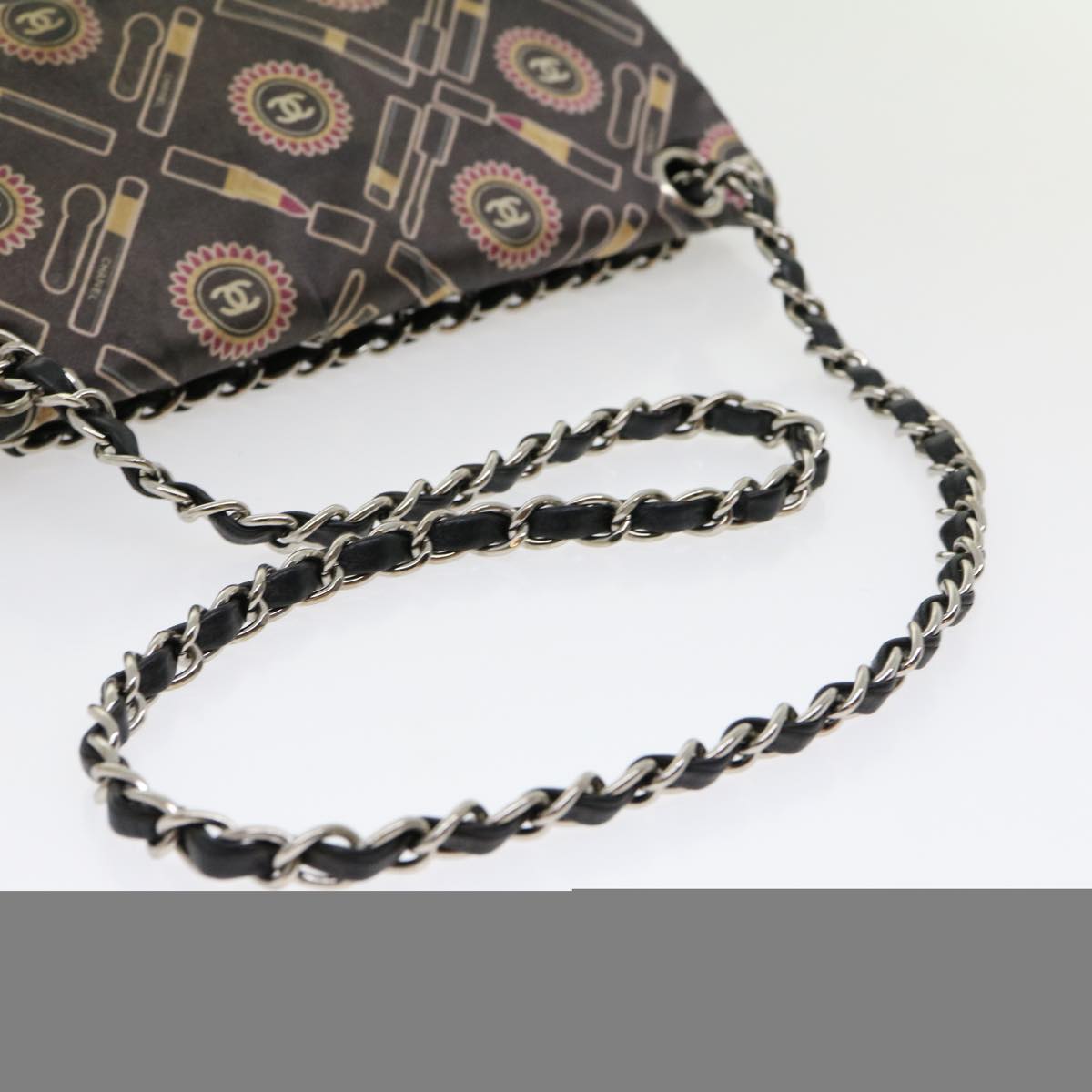 CHANEL Lip Chain Turn Lock Shoulder Bag Satin Black CC Auth 30892