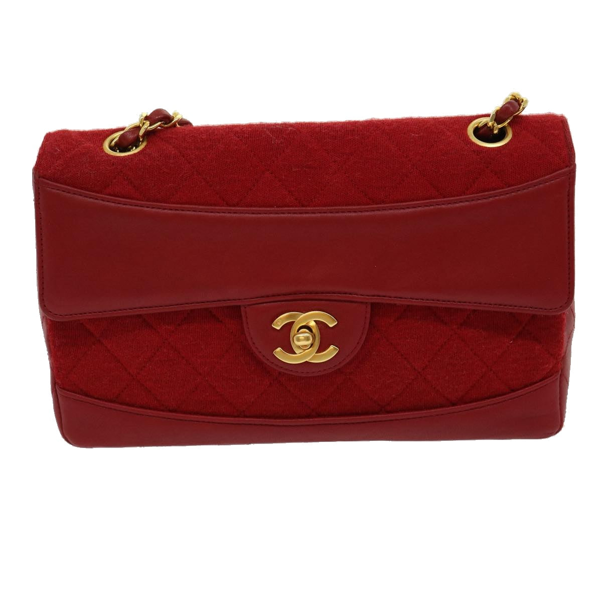 CHANEL Matelasse Double Chain Shoulder Bag Cotton Leather Red CC Auth 30896A