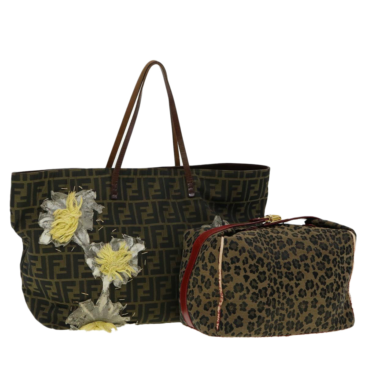FENDI Zucca Canvas Leopard Flower Tote Bag Hand Bag 2Set Brown Red Auth 30898