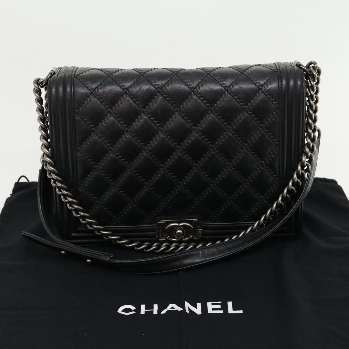 CHANEL Big Matelasse Boy Chanel Chain Shoulder Bag Lamb Skin Black Auth 30943A