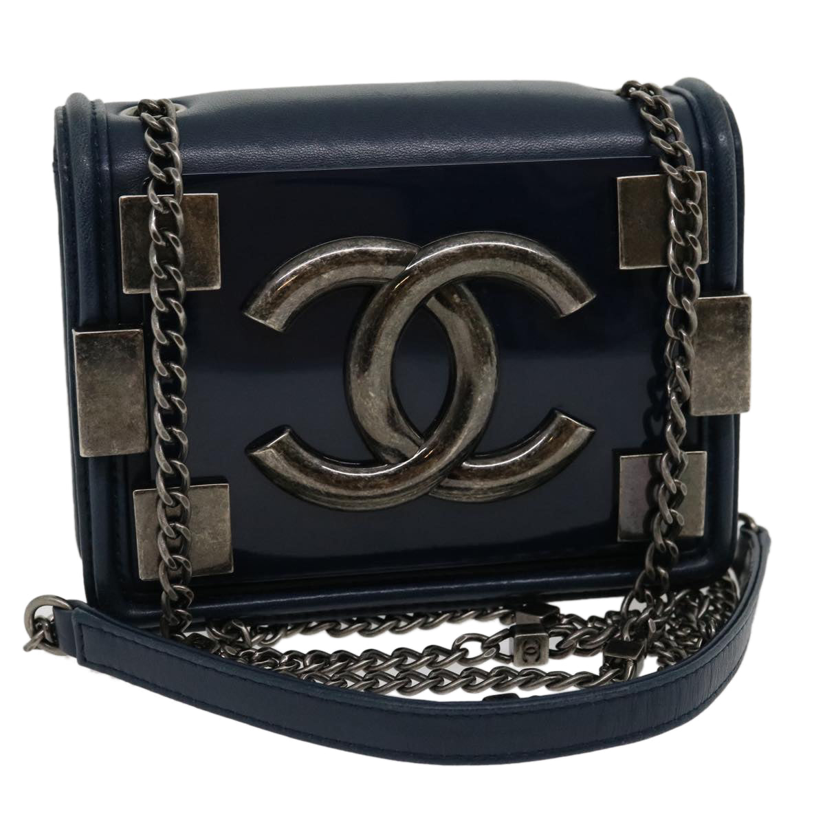 CHANEL Boy Chanel Studs Chain Shoulder Bag Lamb Skin Navy CC Auth 30945
