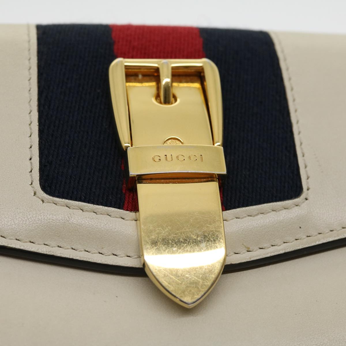 GUCCI Sylvie Continental Wallet Sherry Line Leather Beige Navy Red Auth 31004A