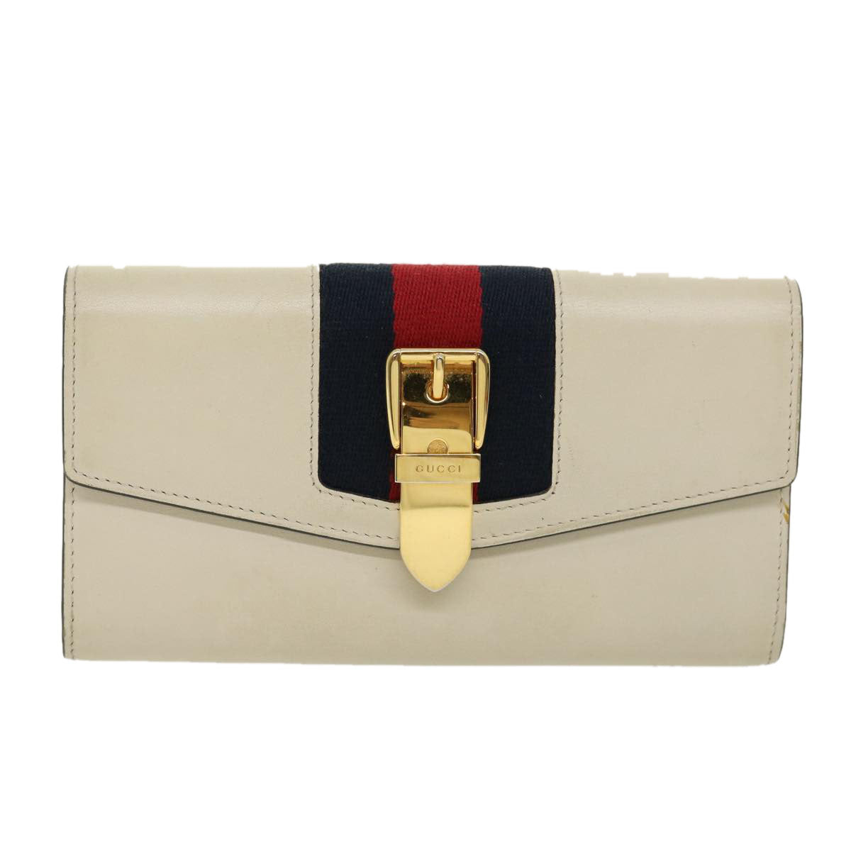 GUCCI Sylvie Continental Wallet Sherry Line Leather Beige Navy Red Auth 31004A