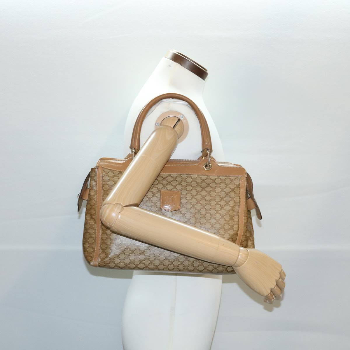 CELINE Macadam Canvas Hand Bag PVC Leather Beige Auth 31582