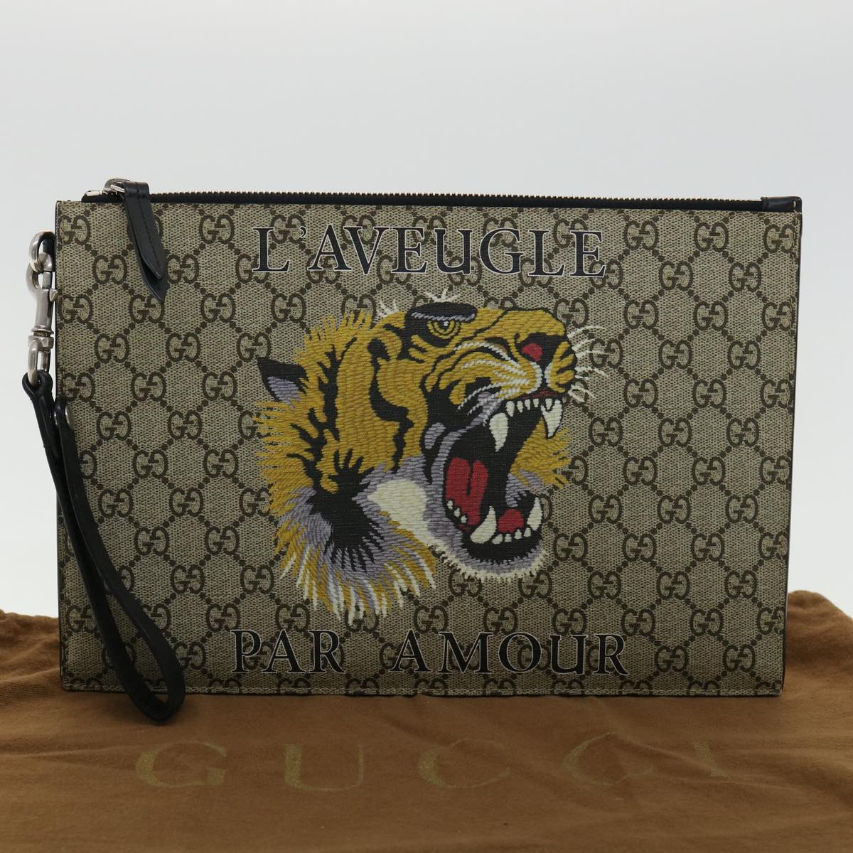 GUCCI GG Supreme Tiger Clutch Bag PVC Leather Gray 473904 Auth 31726