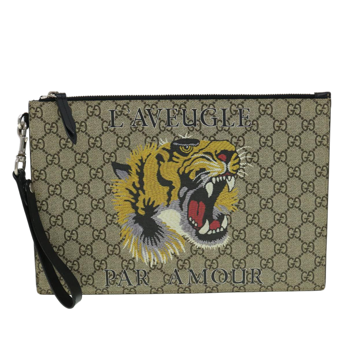 GUCCI GG Supreme Tiger Clutch Bag PVC Leather Gray 473904 Auth 31726