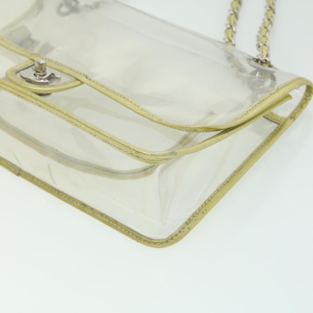 CHANEL Turn Lock Chain Shoulder Bag Vinyl Leather Clear Gold CC Auth 31781