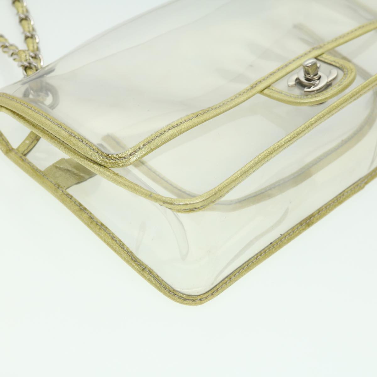 CHANEL Turn Lock Chain Shoulder Bag Vinyl Leather Clear Gold CC Auth 31781