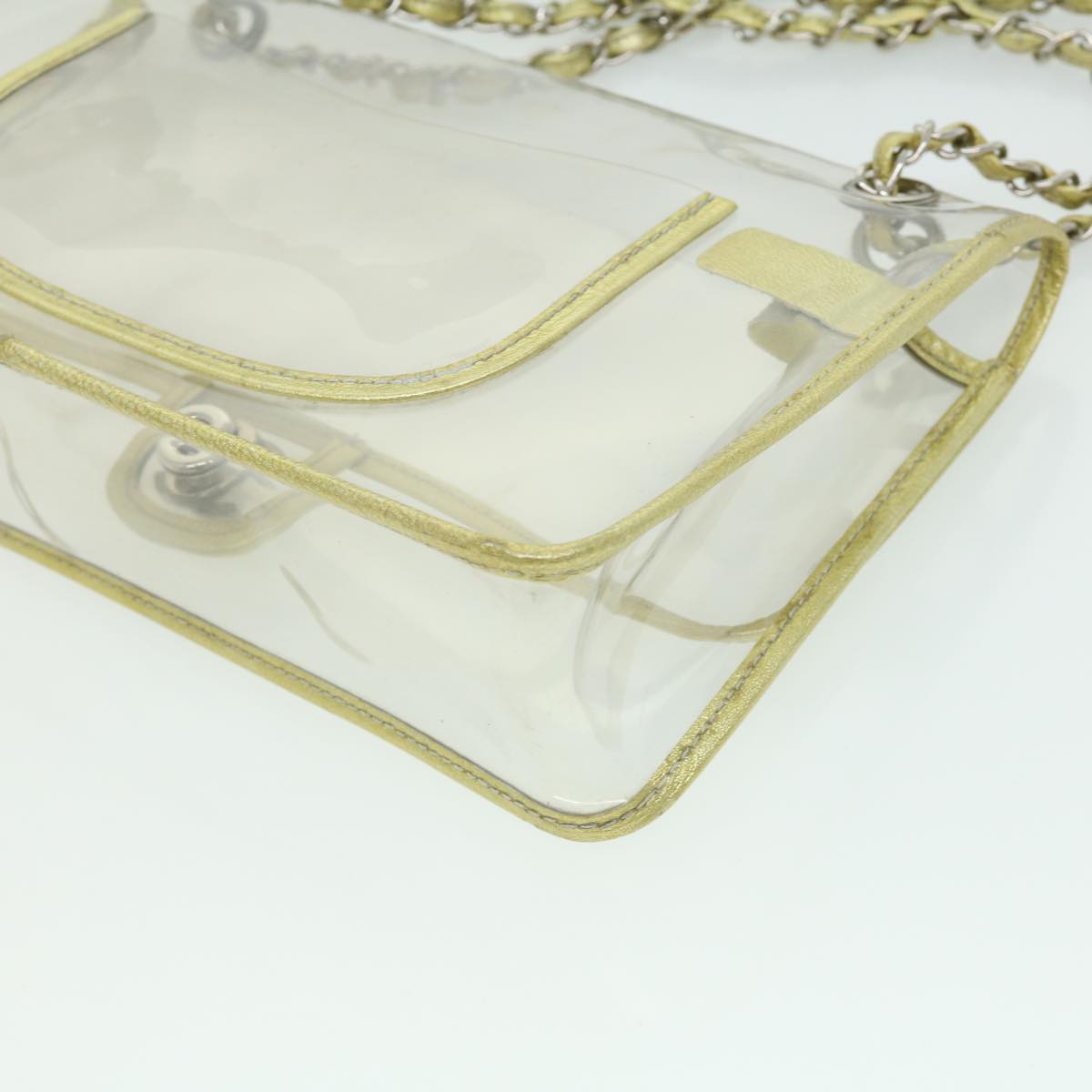 CHANEL Turn Lock Chain Shoulder Bag Vinyl Leather Clear Gold CC Auth 31781