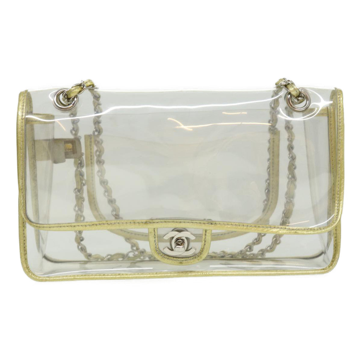 CHANEL Turn Lock Chain Shoulder Bag Vinyl Leather Clear Gold CC Auth 31781