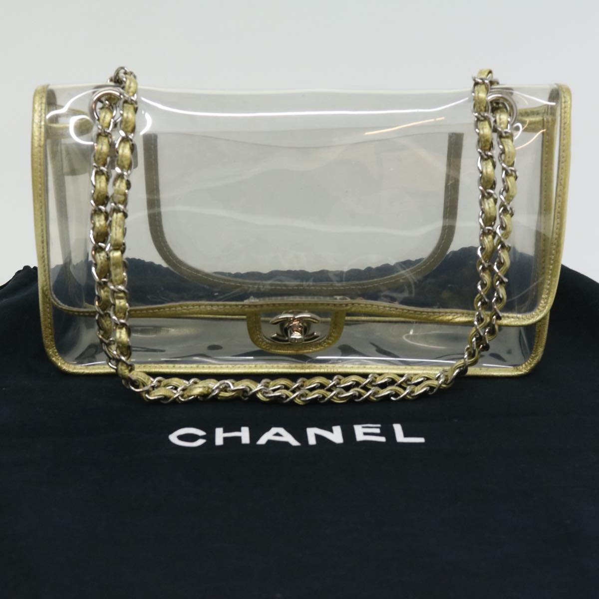 CHANEL Turn Lock Chain Shoulder Bag Vinyl Leather Clear Gold CC Auth 31781