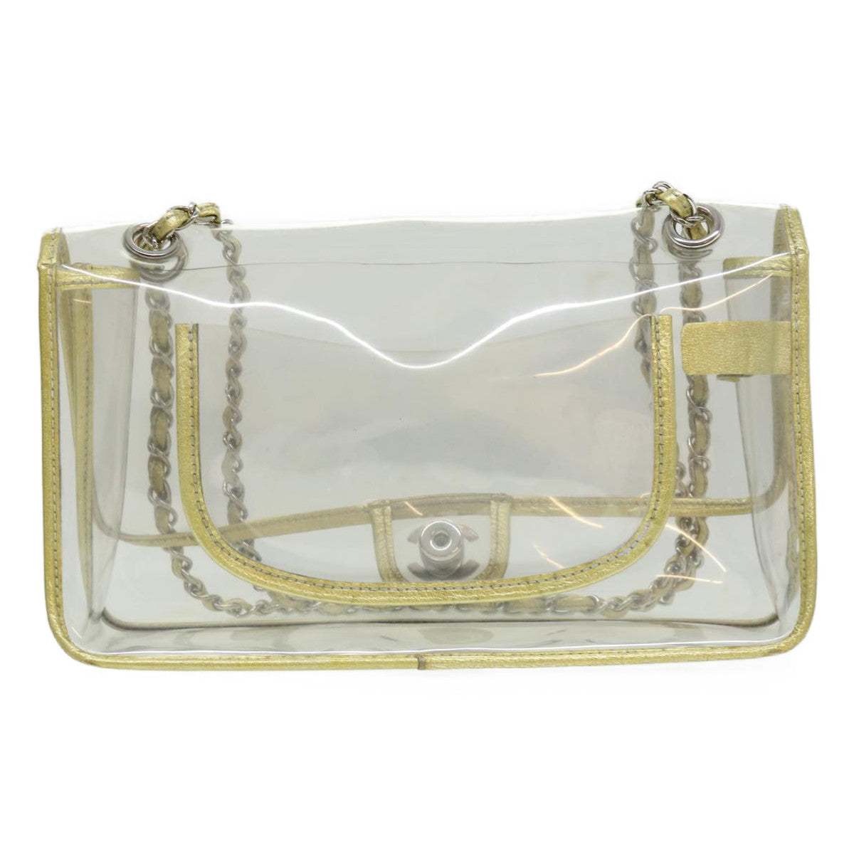 CHANEL Turn Lock Chain Shoulder Bag Vinyl Leather Clear Gold CC Auth 31781