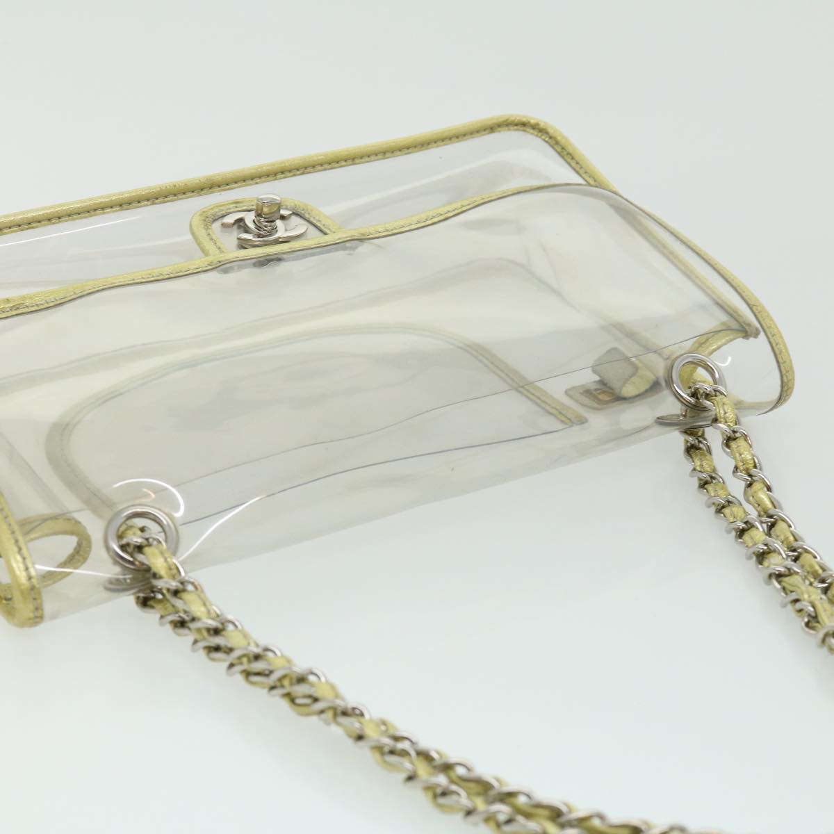 CHANEL Turn Lock Chain Shoulder Bag Vinyl Leather Clear Gold CC Auth 31781