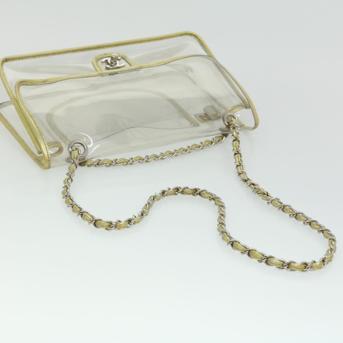 CHANEL Turn Lock Chain Shoulder Bag Vinyl Leather Clear Gold CC Auth 31781