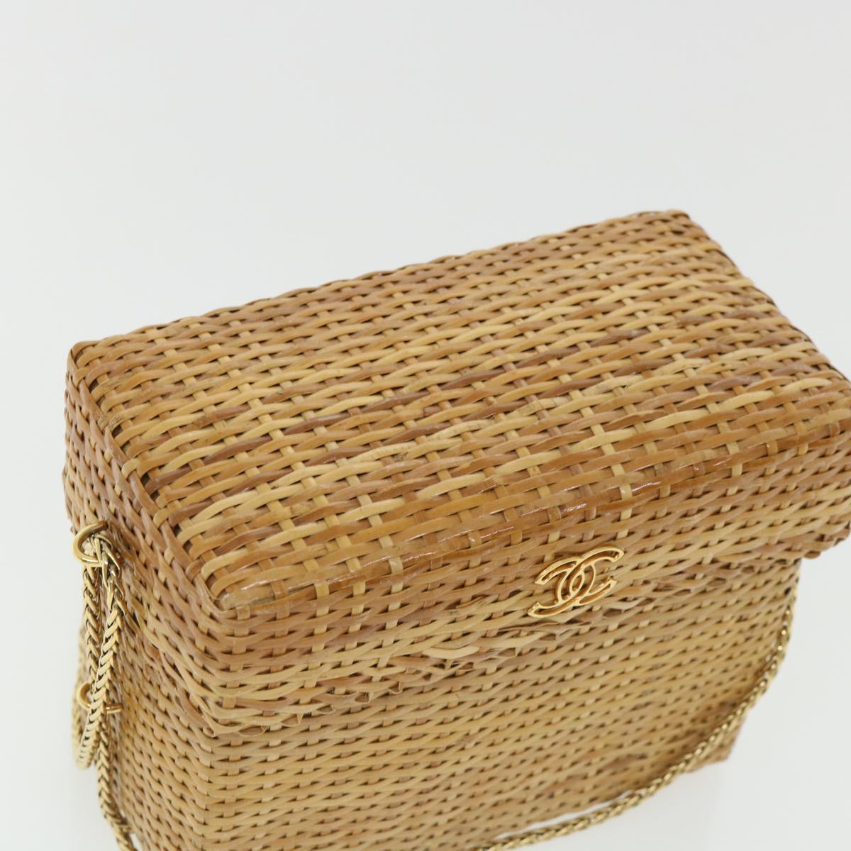 CHANEL Basket Chain Shoulder Bag Leather rattan Beige CC Auth 31932A