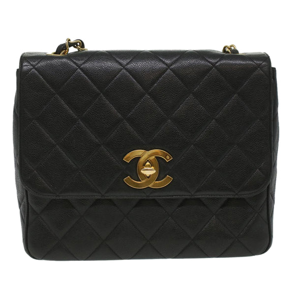 CHANEL Big Matelasse Turn Lock Shoulder Bag Caviar Skin Black CC Auth 32155A