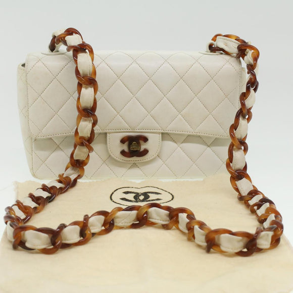 CHANEL Matelasse Turn Lock Shoulder Bag Lamb Skin Brown White CC Auth 32160A
