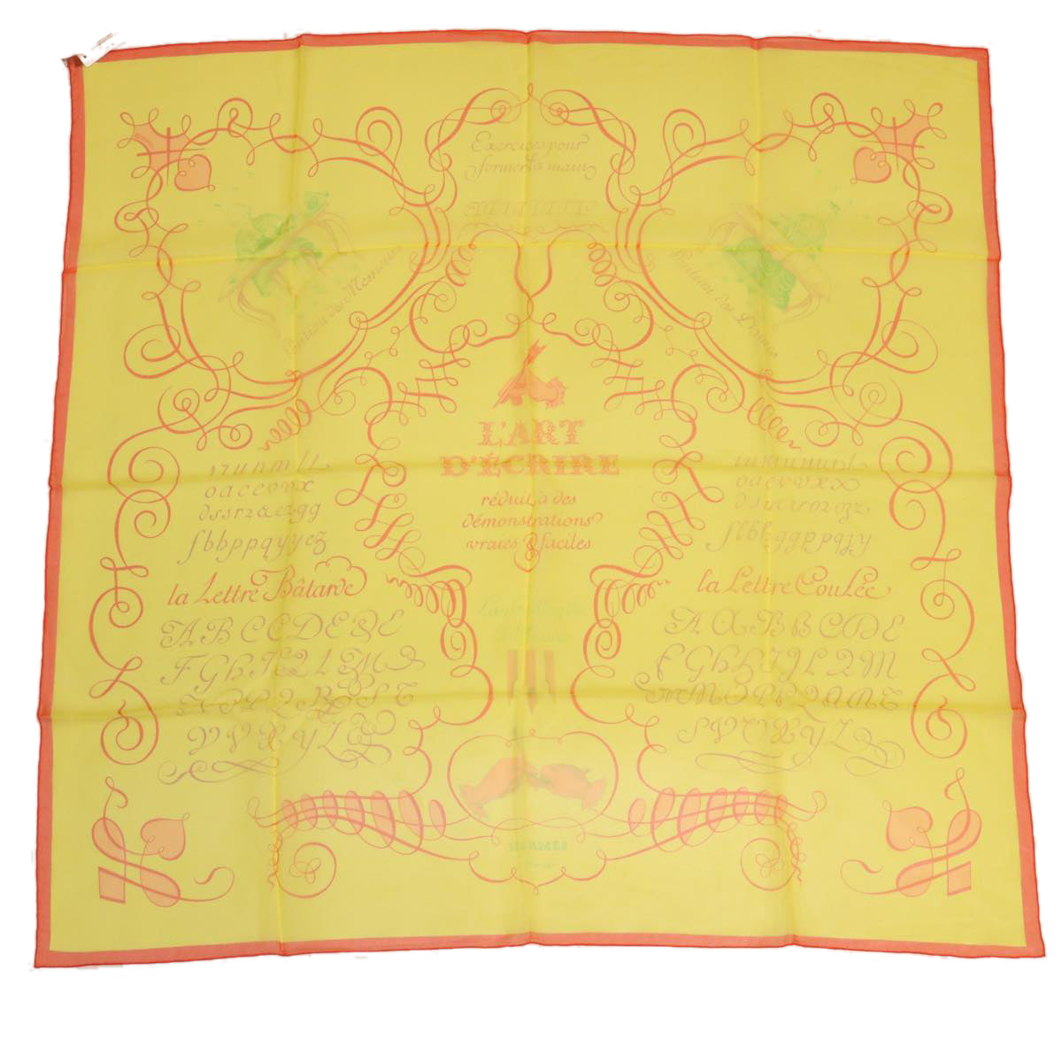 HERMES Carre 90 L'ARY D'ECRIRE Scarf Silk Orange Yellow Auth 32448