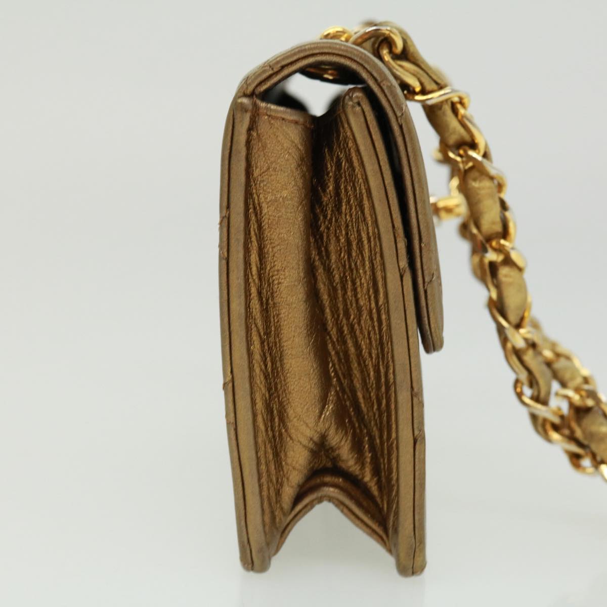 CHANEL Chain Turn Lock Mini Matelasse Shoulder Bag Lamb Skin Gold CC Auth 32696A